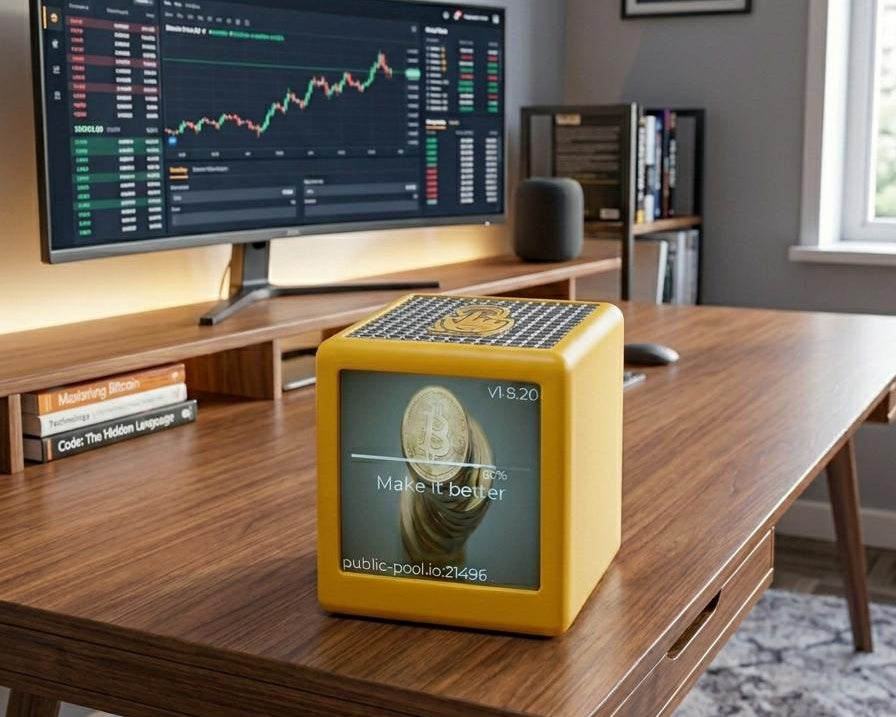 Yellow cube device on a desk with a computer monitor displaying stock market information in the background.